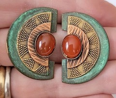 Vintage Mexico Style Carnelian Cabochon Brass Copoer Post Earrings 1.25″t×.75″w
