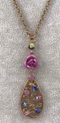 Avon Gold Tone Filigree Teardrop Rhinestone Floral Rose Pendant & Earrings Set