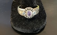Vintage 3 Stone 925 Amethyst And London Blue Topaz Ring, Marked JC ,Sz 10 ,5.95g