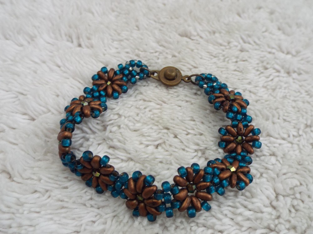 Blue Brown Bead Flower Bracelet