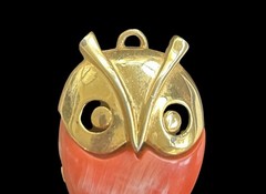 Vintage MCM Owl Pendant Gold Tone Orange Enamel 2.5 Inches Flaw READ
