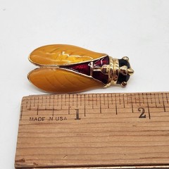 Vintage Signed Enamel Cicada Brooch Gold Tone Amber Burgundy Figural Insect Pin