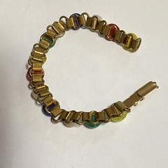 Vtg Multicolor Glass Cabochon Brass Bracelet Fold over Clasp 7.25”