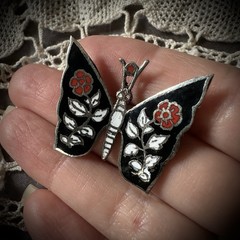 Vintage 70’s Enameled Butterfly Brooch/Pendant Floral Black White Red Fairycore