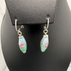 Vintage Sterling Silver Art Glass Floral Rose Dangle Earrings Venetian Style