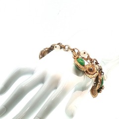 Vintage Gold Tone FOB Charm Bracelet Green Stones Shell Floral Ornate Design
