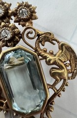 22k Gold Pin, 20.09 mm X 11.9mm 16.9 Kt Emerald Cut Aquamarine, Diamonds, Pearl