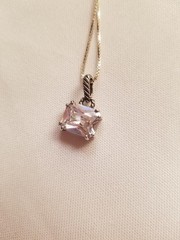 Sterling Silver Emerald Cut AB Crystal Solitaire Pendant Necklace Rope Design