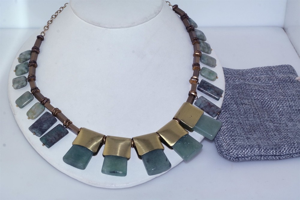 Contemporary Bronze Copper Green Stone Bib Cleopatra 18″ Necklace