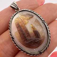 Antique Old Hand Carved Natural Shell Woman’s Jewelry Pendant Cameo Silver 900