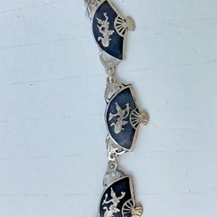 Vintage SIAM Sterling Silver Black Enamel Niello Dancer on Hand Fans Necklace