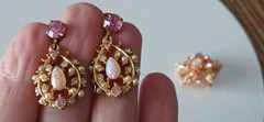 WOW Vintage Faux Pearl Pink Fire Opal Rhineston Brooch Pin & Screwback Earrings