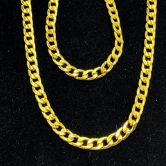 Gold Tone Cuban Chain Necklace Bracelet Set Highly Polished New Old Stock 28 in