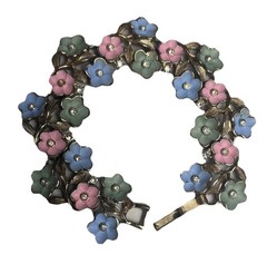 Vintage Floral Flowers Bracelet Gold Tone Enamel Rhinestone Fold Over Clasp 6.5″
