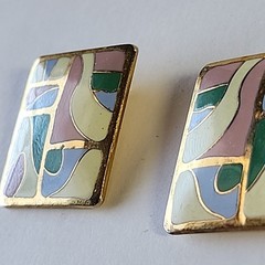 Vintage Clip On Earrings Enamel Retro Samuel Huang Cloisonné Artsy Pastel Square