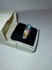 Turquoise & spiny oyster Sterling Wide Inlay BAND Ring Signed I J Navajo Sz 8.5