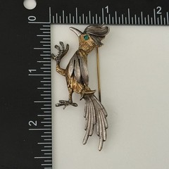Vintage Road Runner Bird Brooch Pin Silver & Gold Tone Green Eyed