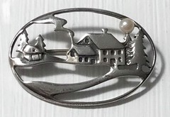 Vintage Sterling Silver & Faux Pearl House in Woods Pine Trees Brooch Pin Signed