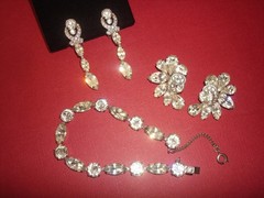 Vtg. EISENBERG BRACELET&TWO PAIRS EARRINGS CLEAR RHINESTONES ALL SIGNED,LOT/SET