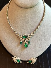 Beautiful Antique Vintage ORA 1930’s Necklace Earrings Emerald Rhinestones