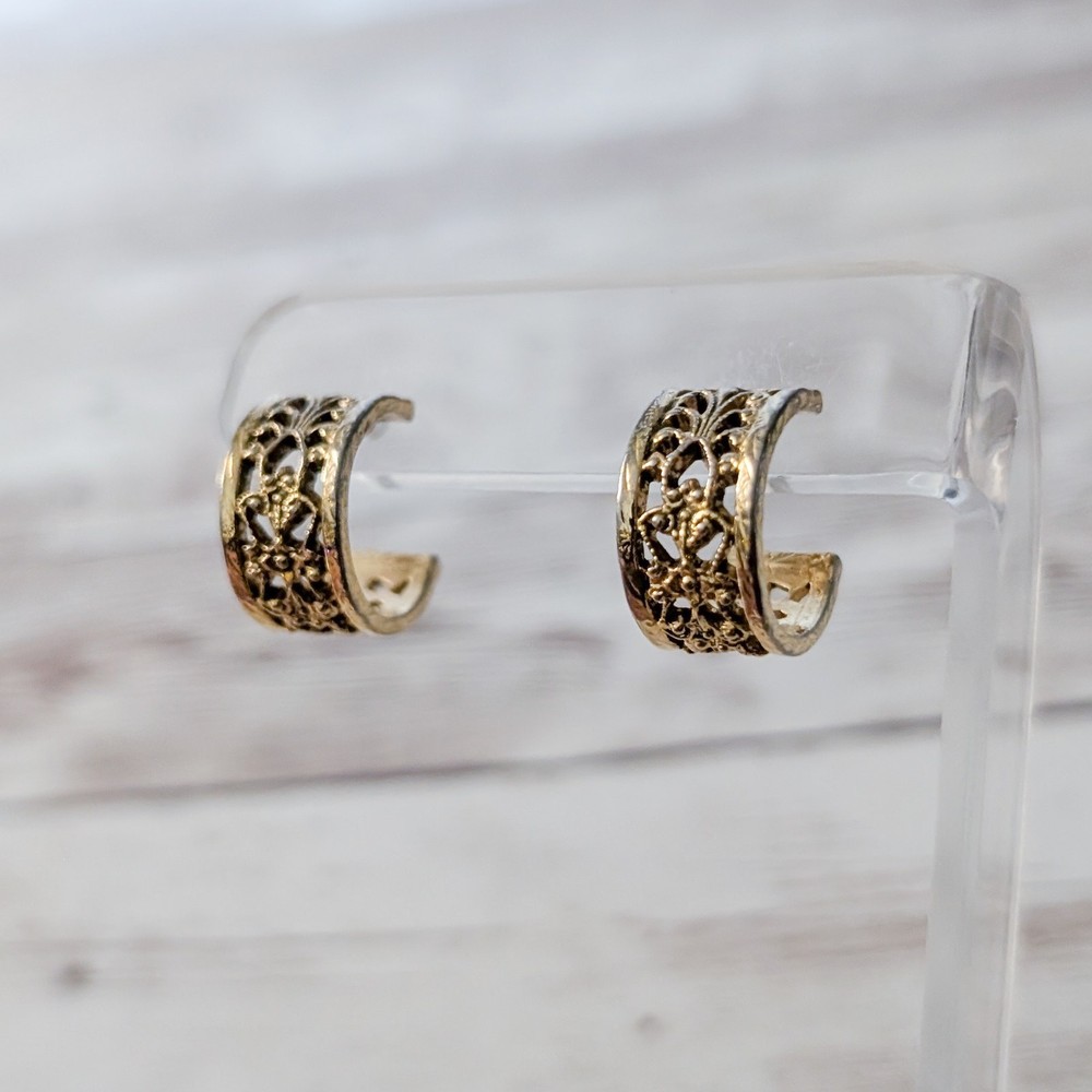 Vintage Earrings for Pierced Ears Ornate Hoops 5/8″