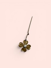 Antique Victorian Gold Tone Four Leaf Clover Stickpin Safety Chain Paste Stone