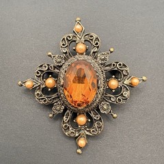 Vintage Filigree Amber Rhinestone Ornate Victorian Style Brooch Antique Gold
