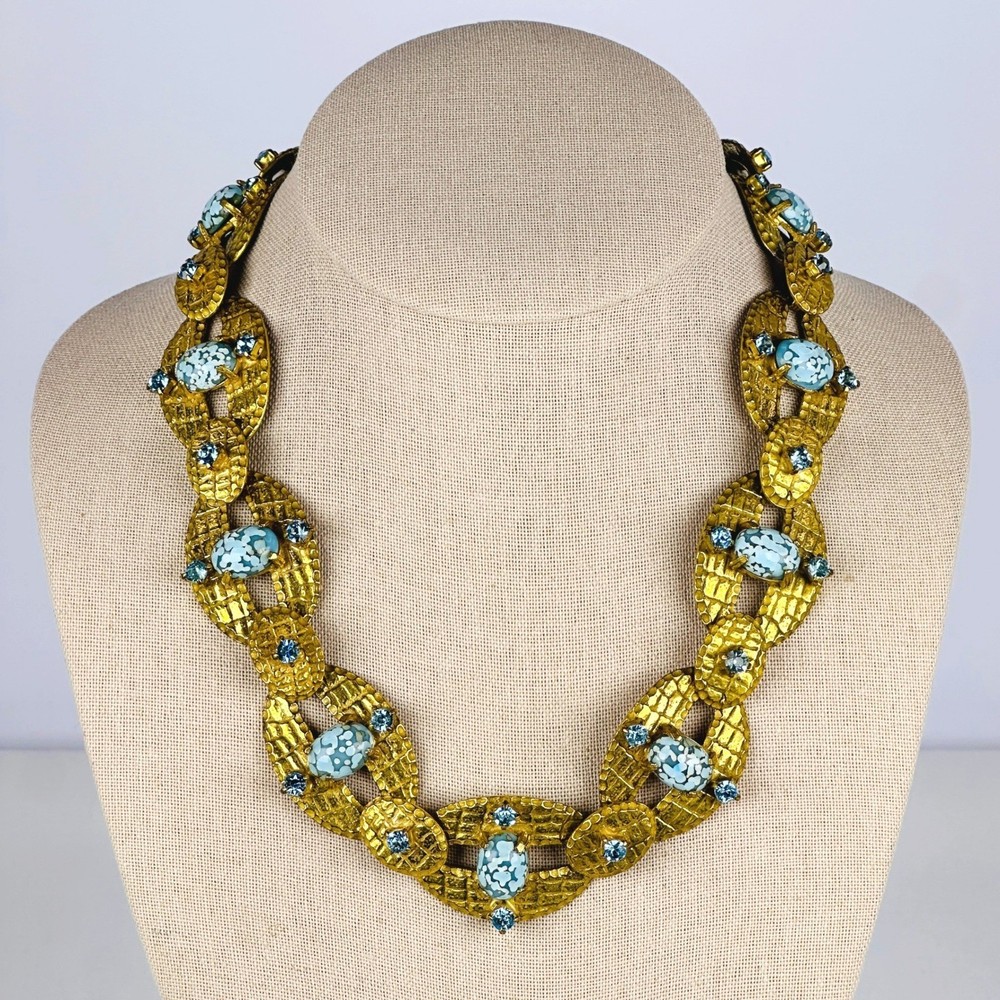 Vintage Czech Brass Blue Confetti Soapstone Cabochon Art Deco Revival Necklace