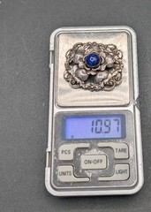 Vtg 800 Silver Made in Israel Blue Art Glass Flower Brooch Pin Trombone Clasp