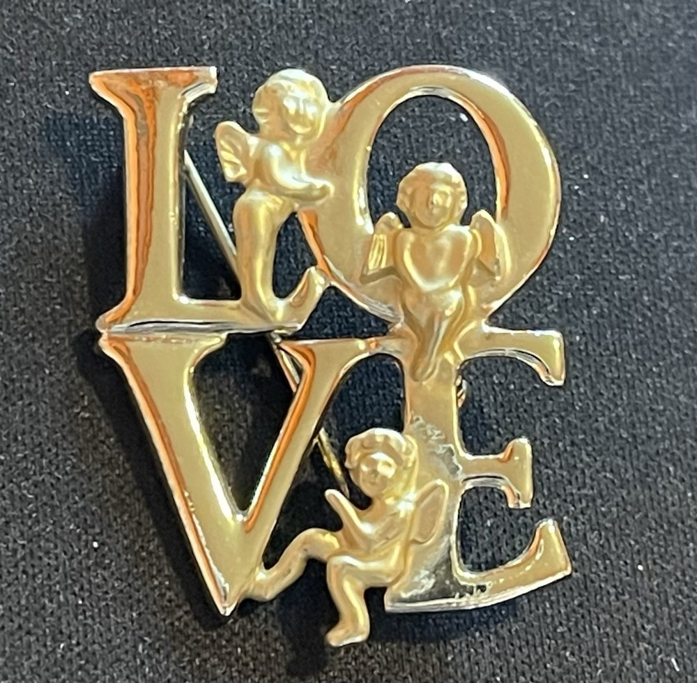 Vintage Signed L. Razza Gold Tone 3 Angels Brooch 1” Pin LOVE Cherub Jewelry EUC