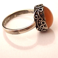 Size 9.75 Orange Carnelian Cab Ring Fancy Scrollwork 925 Sterling Silver 5.8g