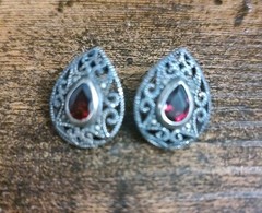 Vintage Sterling Silver Red Garnet Pear Teardrop Art Nouveau Raindrop Earrings
