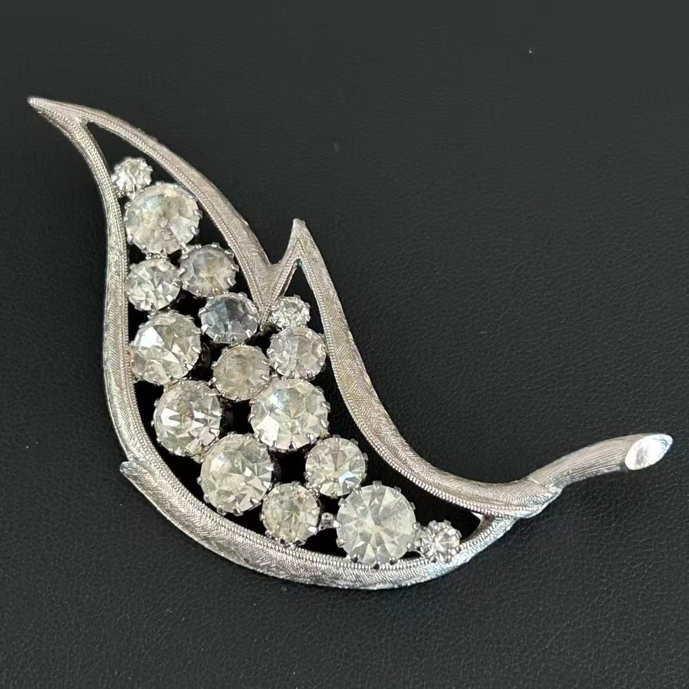 Vintage Silver Tone Rhinestone Leaf Brooch Pin Mid Century Modern MCM Jewelry
