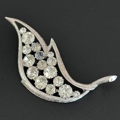 Vintage Silver Tone Rhinestone Leaf Brooch Pin Mid Century Modern MCM Jewelry