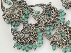 Vintage Filigree Chandelier Earrings Silver Tone Turquoise Beads 3.5in