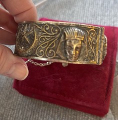 VTG Antique 1920s Egyptian revival silver & Gold tone Hinged Bangle bracelet J20