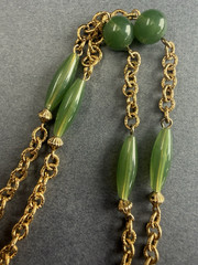 Vintage Green Lucite Faux Jade Filigree Pendant Long Brass Chain Bead Necklace