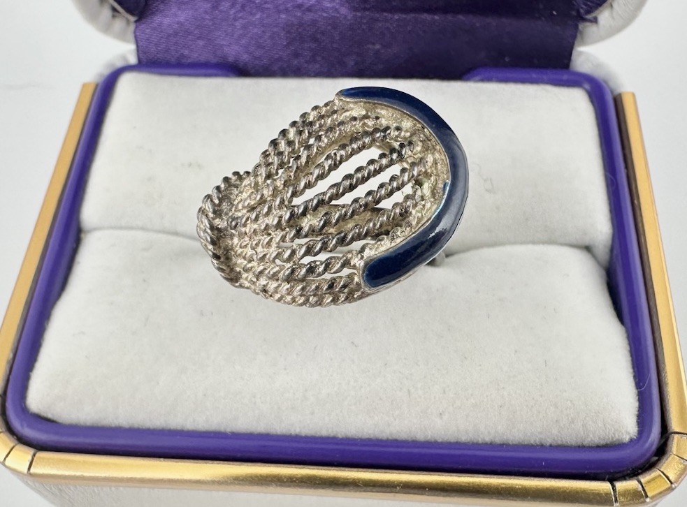 Antique European 800 Silver Adjustable Ring Blue Enamel Sz7 Signed RARE Read