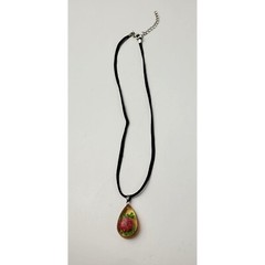 Vtg Acrylic Lucite Pink Flower Teardrop Pendant Necklace 18″ Black Cord