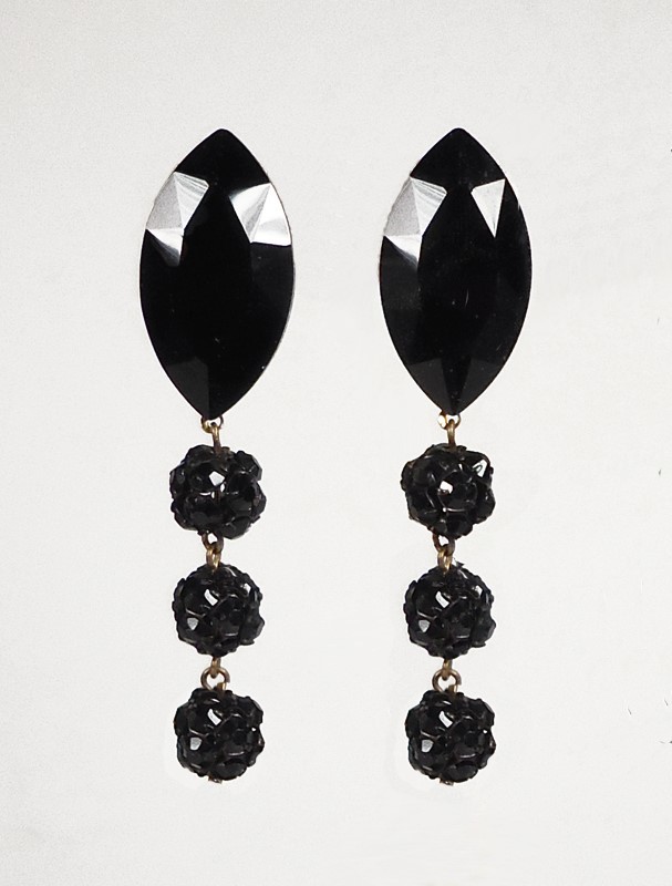 Vintage Black RHINESTONE BALL Earrings with Oval Marquise Rhinestone – Posts