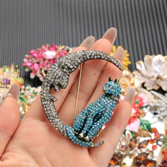 Vintage Rhinestone Cat Brooch Cat on The Moon Animal Enamel Pin!