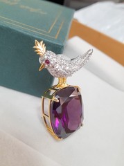 Cushion Cut Lab Amethyst Bird On A Rock Brooch 925 Fine Silver Luxurious Jewelry