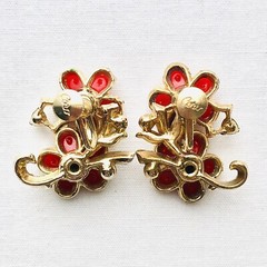 VTG Coro Red Flower Rhinestone Earrings Screw Back Signed Floral Nature Jewelry