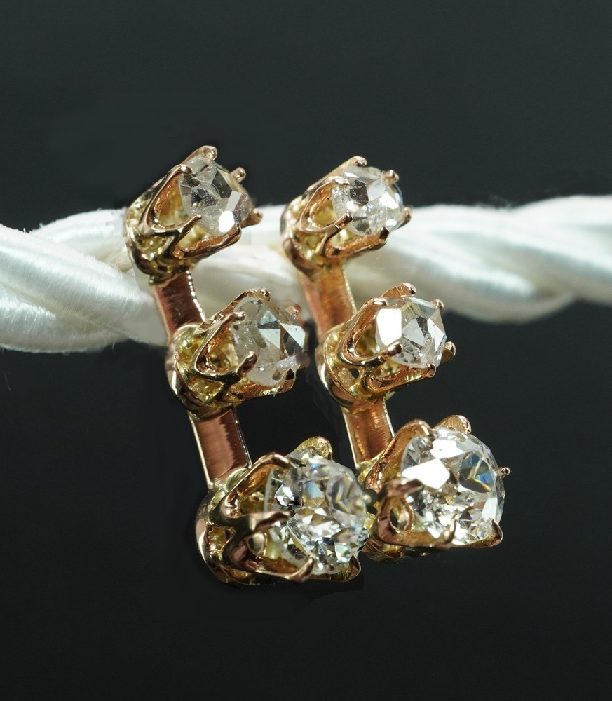 Victorian Old European Rose cut Diamond Drop Stud Earrings 18K Gold Antique