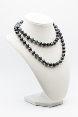 Vintage Snowflake Obsidian Bead Necklace Long Knotted Black Gray Stone Strand