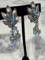 Rare Vtg 1960’s HOBE Clip On Earrings Glass AB Faux Turquoise Dangle Chandelier