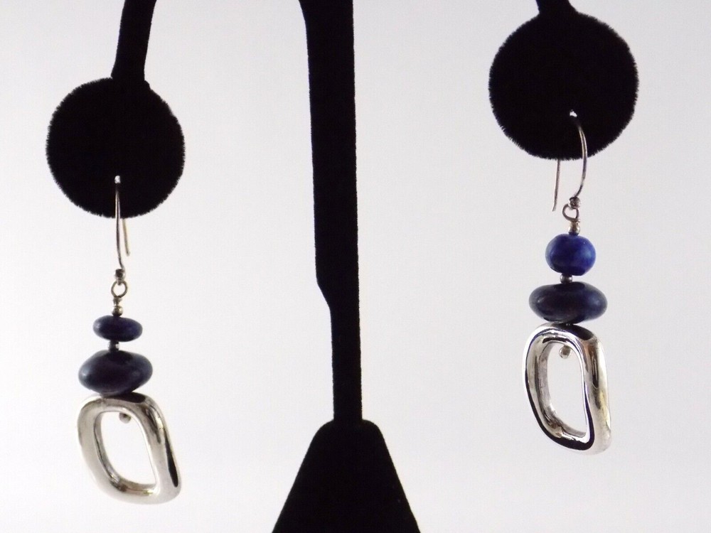 Sterling Silver Lapis Lazuli Beaded Dangling Hook Earrings 925 THAILAND 2.25 In