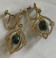 AMCO 14KT Gold Overlay Green Nephrite In A Cage Dangle Screw Back Earrings Bx15
