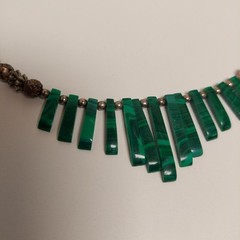 Silvertone Beaded Faux Malachite Gemstone Necklace With Birds Barrel Clasp 21″