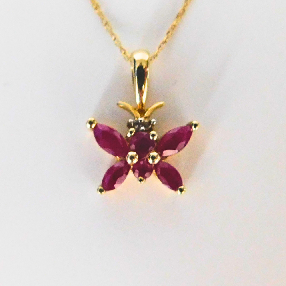 Vintage Ruby and Diamond 10k Gold Butterfly Necklace, July Birthday, Petite, 90s